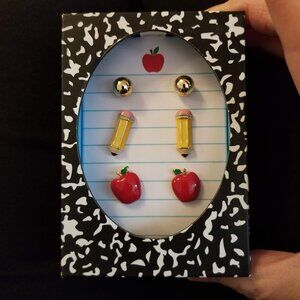 School Themed Goldtone 3-Pair Earring Set